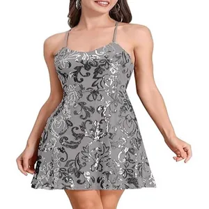 Elegant grey sequined mini dress with spaghetti straps for cocktail parties and events.