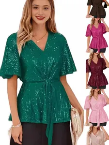Elegant Shiny Sequin Top For Women V-Neck Short Flare Sleeve Sparkly Evening Party Banquet Solid Color Waist Tie T-Shirt