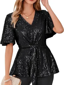 Elegant black sequin V-neck party blouse featuring flared sleeves and waist tie.