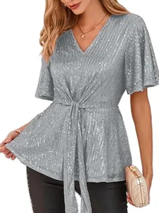Women's sparkling sequin V-neck top with flare sleeves and waist tie detail