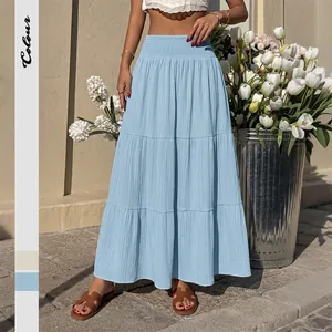 Women High Waist Smocked Tiered Skirt Viscose Polyamide A-Line Long Maxi Skirt Summer Casual Bohemian Vacation Beach Skirt