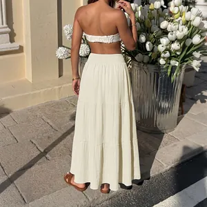 Elegant cream tiered A-line maxi skirt with high elastic waist for summer fashion