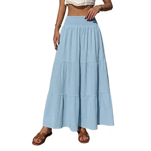 High waisted light blue tiered maxi skirt with smocked elastic waistband for women