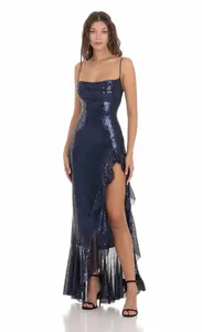 Elegantes marineblaues Pailletten-Ballkleid mit Spaghettiträgern und hohem Schlitz