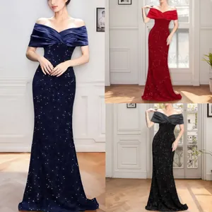Elegante vestido de fiesta de sirena con hombros descubiertos y lentejuelas en tres colores