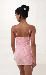 Detailed back view of a shimmering pink sequined bodycon mini dress with thin straps