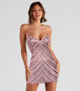 Elegant sexy pink sequin spaghetti strap bodycon mini dress with chevron pattern