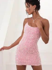 Women Sparkly Pink Sequin Bodycon Mini Dress Sexy Slim Fit Velvet Cami Spaghetti Strap Party Club Evening Dress
