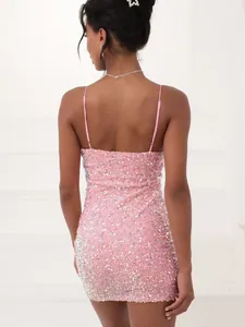 Elegant pink sequin velvet bodycon mini dress with thin straps for glamorous parties.
