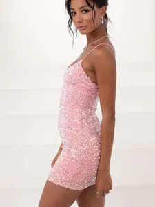 Sparkly pink sequin bodycon mini dress with thin cami straps for women