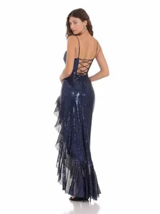Elegantes marineblaues Pailletten-Ballkleid mit Schnürung und Schlitz