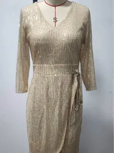 Elegant sparkling gold sequined long-sleeved V-neck fashion dress for women's evening wear