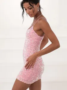 Sparkling pink sequin bodycon mini dress with elegant spaghetti straps for parties