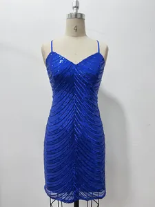 Detailed view of royal blue sequin bodycon party dress featuring elegant V-neck and slim straps
