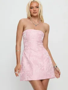 Elegant pink floral strapless mini dress with a slim fit silhouette for chic women