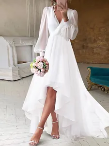 Elegant white high-low formal dress detail with V-neck and sheer lantern sleeves