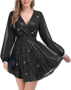 Elegant black sequined mini party dress featuring sheer chiffon long sleeves and V-neck