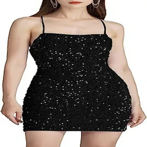 Close-up of black sequin velvet bodycon mini dress with thin straps for party wear.