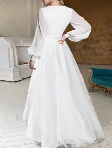 Elegant white long-sleeved chiffon dress for women featuring a high-waisted flowing skirt