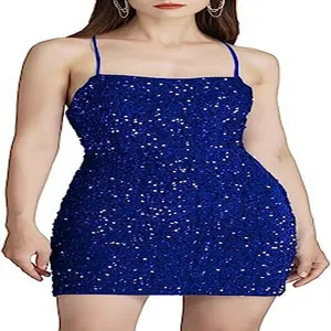 Detail of royal blue sequined mini dress with sparkling velvet and spaghetti straps.