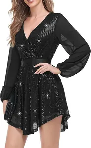 Elegant black sequin party mini dress with sheer long sleeves and deep V-neckline