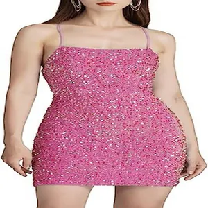 Detail shot of the shimmering pink sequined fabric on a slim-fit bodycon mini dress.