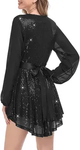 Elegant black sequin mini party dress with long chiffon sleeves and satin waist bow