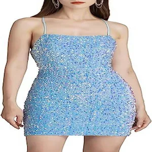 Detailed view of light blue sequined bodycon mini dress with spaghetti straps and square neck