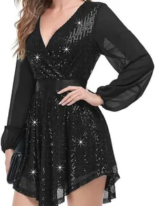 Women Sequin Polyester V-Neck Lantern Sleeve Party Dress Sexy Loose Mini Cocktail Evening Gown For Banquet Date Night
