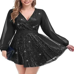 Women's elegant black sequined V-neck mini dress featuring long chiffon sleeves for party