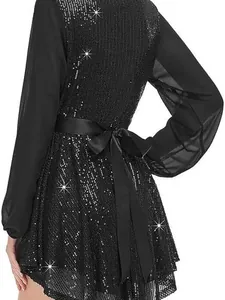 Elegant black sequin mini party dress with sheer long sleeves and satin waist tie belt