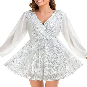 Elegant white sequined mini party dress featuring long sheer sleeves and a deep V-neckline