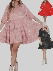 Femme Paillettes Brillantes Demi-manches Col Rond Volant Robe Midi Ample Banquet Soirée Robe en Polyester et Paillettes