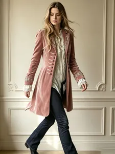 Elegante cappotto in velluto rosa con ricami intricati e bottoni in stile militare