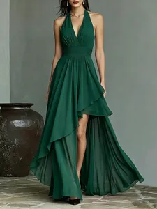 Elegant dark green chiffon evening dress with halter V-neck and high-low asymmetrical hem