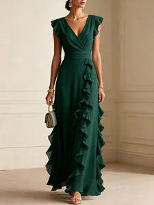 Elegant dark green V-neck chiffon evening gown with ruffle details and flutter sleeves
