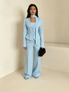 Damen V-Ausschnitt Schal Dekoration Blazer Und Hose Set Einfarbig Langarm Casual Business Anzüge Elegante Büro Outfits