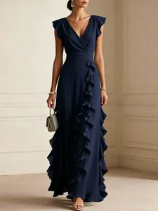 Elegant navy blue V-neck ruffled chiffon evening dress for formal events and gala nights.