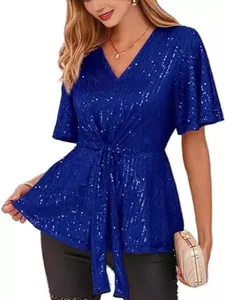 Women's sparkling royal blue sequin V-neck top with flare sleeves and tie-waist.