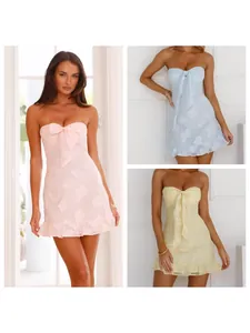 Women Strapless Tube Mini Dress Elegant Slim Fit Bow Floral Jacquard Ruffle Hem Party Bodycon Dress Sexy Clubwear