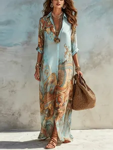 Vintage Digital Print Floral Maxi Dress For Women Elegant Long Sleeve Button Up Shirt Dress Bohemian Resort Style Dress