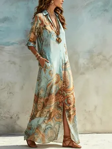 Bohemian digital print maxi shirt dress with vintage floral patterns and side slit