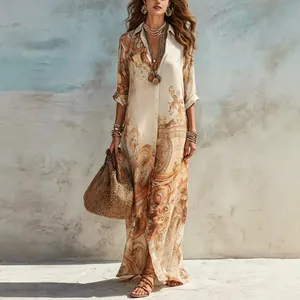 Model wearing an elegant vintage bohemian maxi dress with classical baroque print
