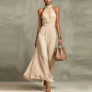 Elegant beige halter-neck chiffon maxi dress with pleated waist for summer vacation