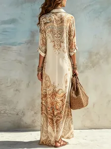 Detailed back view of a vintage digital print maxi dress with elegant bohemian patterns