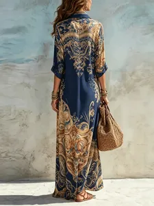 Back view of bohemian retro digital print maxi shirt dress with intricate patterns