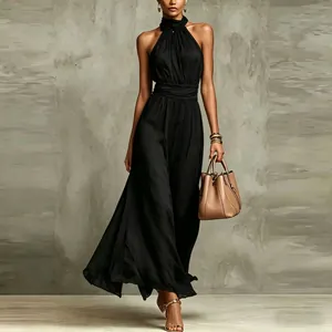 Elegant black halter neck chiffon maxi dress with pleated waist detail for vacation