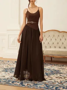 Γαλλικό Chic Slim Patchwork Μάξι Φόρεμα Τιράντες Υψηλή Μέση Μεγάλη Κλος Καφέ Καφέ Μακρύ Φόρεμα Με Ζώνη Γυναικεία Κοσμήματα