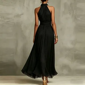 Detailed back view of an elegant black halter neck pleated chiffon maxi dress for summer