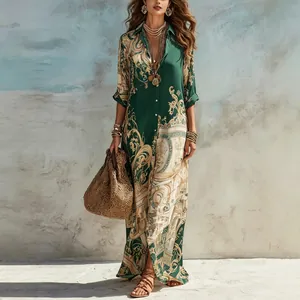 Elegant emerald green maxi shirt dress with intricate golden baroque digital print.